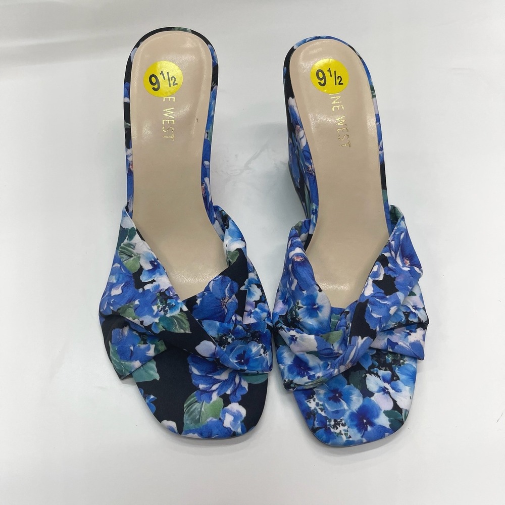 Nine West Nudia Blue Floral Wedge Sandals Twisted Knot Slide Mules Womens 9.5 M